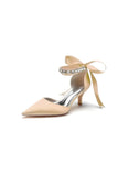 Pointed Toe Ribbons Kitten Heels With Diamond