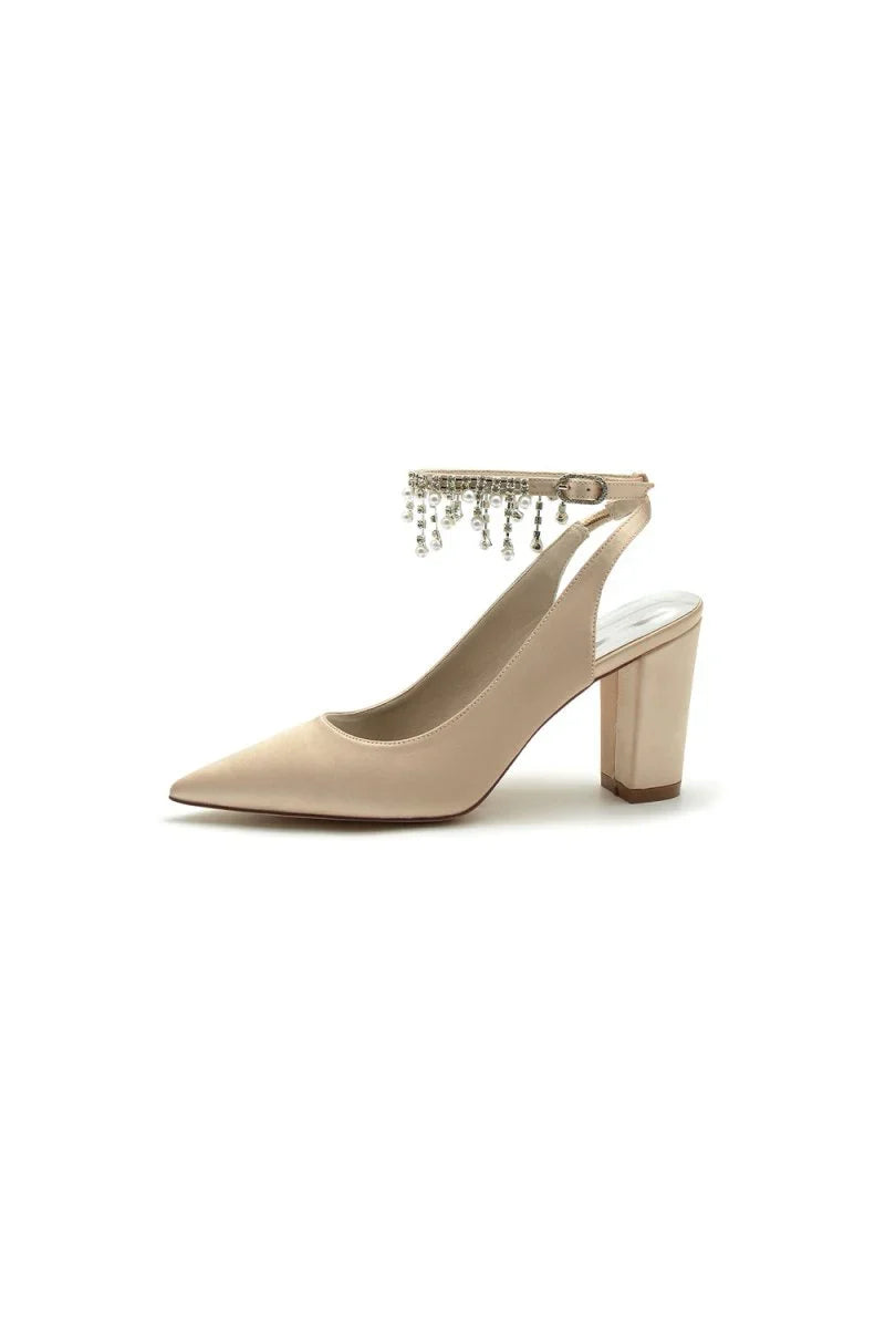 Pointed Toe Satin Chunky Heels With Pearl Tassel