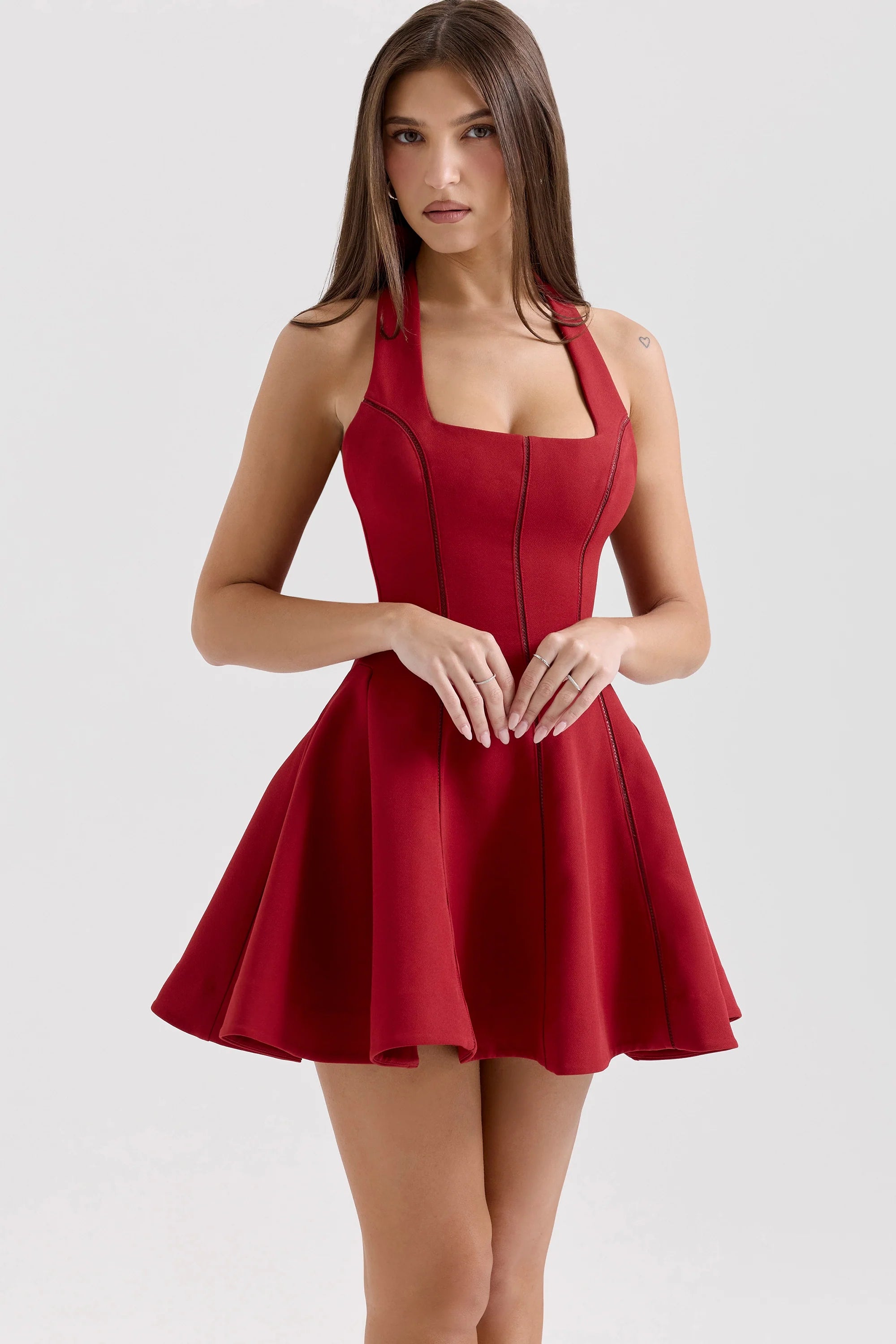 red halter neck bow mini dress