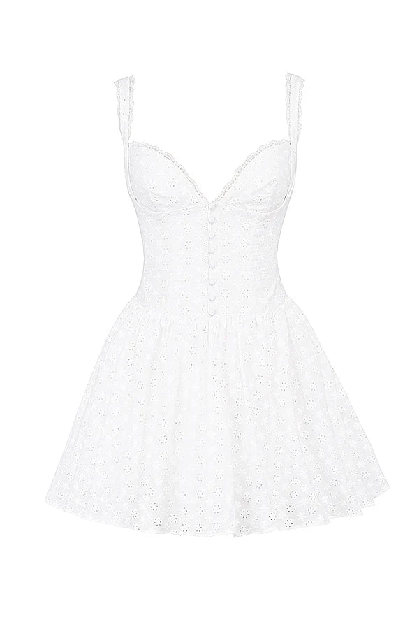 white cotton broderie anglais corset mini dress