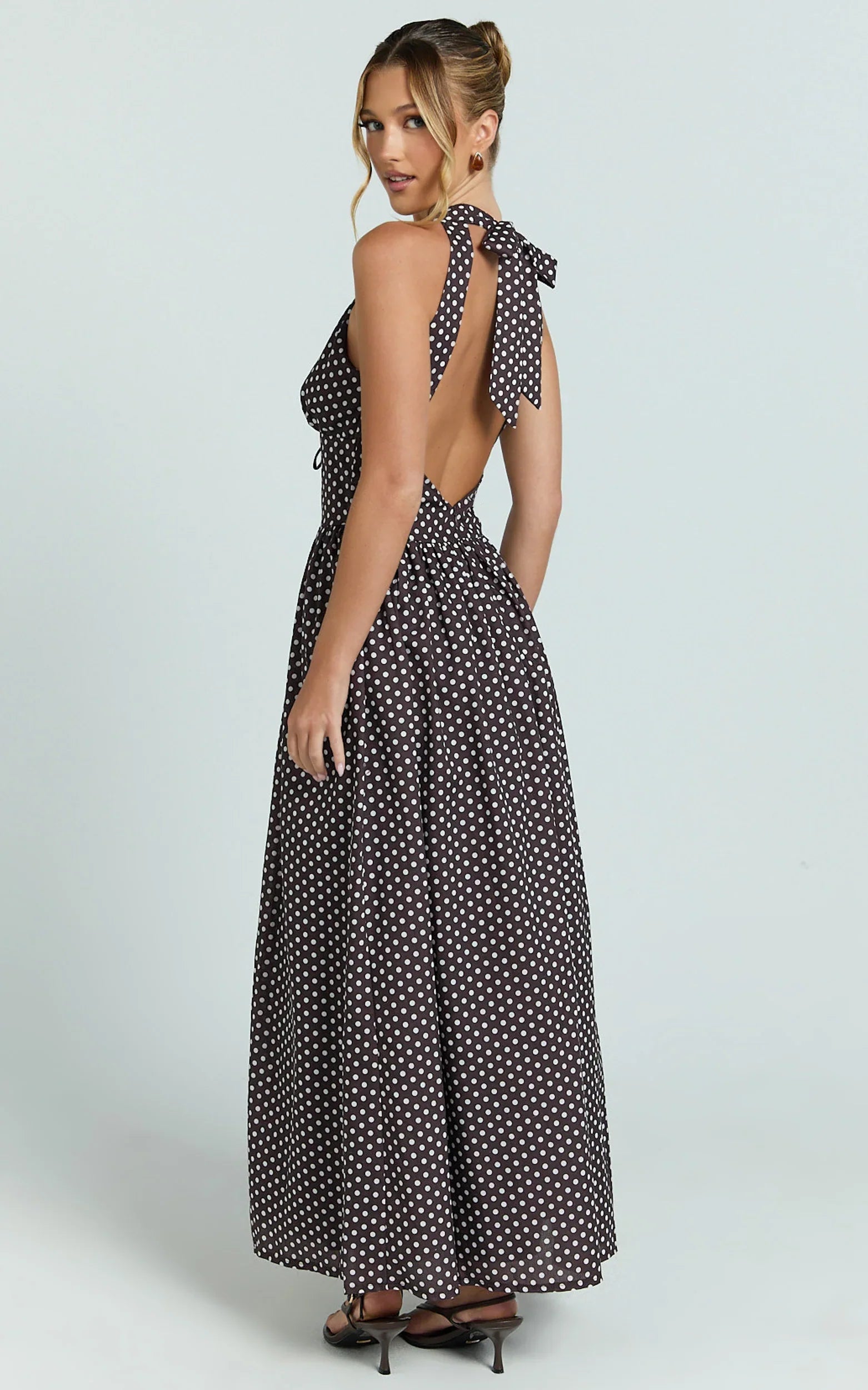 Abby Midi Dress Neckline Dress in Chocolate Polkadot
