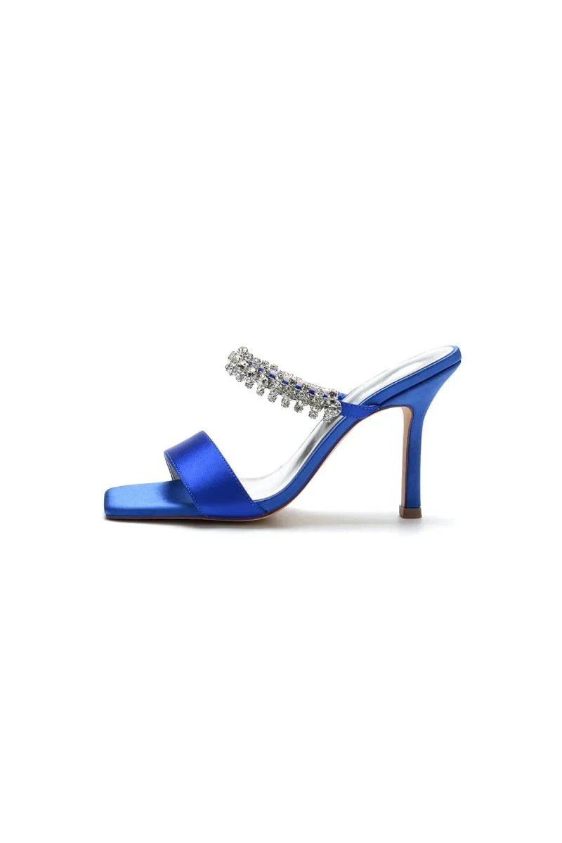 Square Open Toe Rhinestone Strappy Satin Stiletto Heels