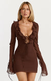 Alesya Mini Dress Ruffle Plunge Neck Long Sleeve Tie Detail Dress in Chocolate