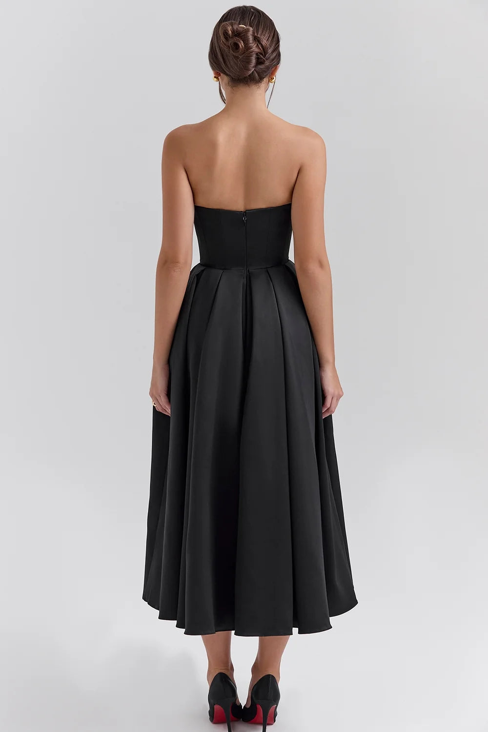black strapless satin corset midi dress sale