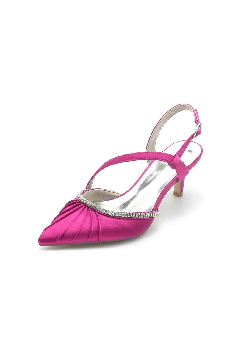 Satin Pointed Toe Slingback Heels with Rhinestone
