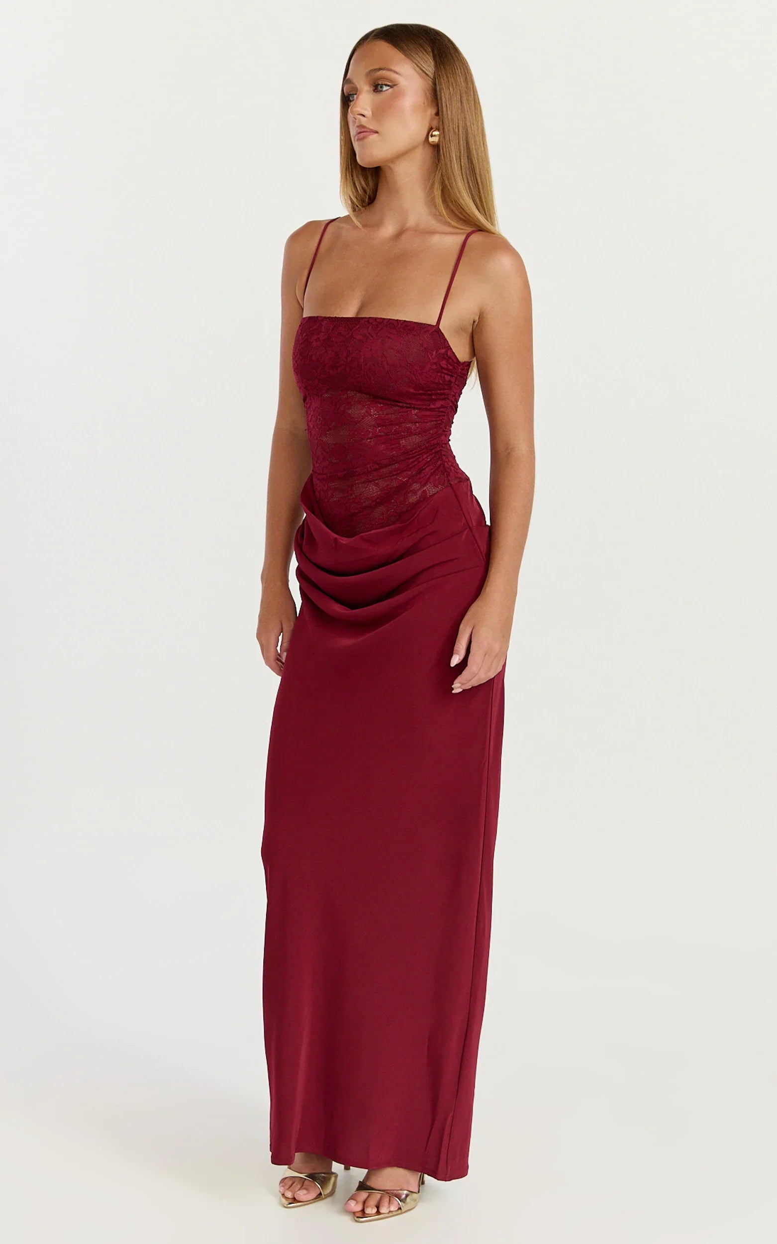Rania Maxi Dress Contrast Lace Bodice Bias Cowl Drop Waist Dress in Wine
