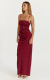 Rania Maxi Dress Contrast Lace Bodice Bias Cowl Drop Waist Dress in Wine