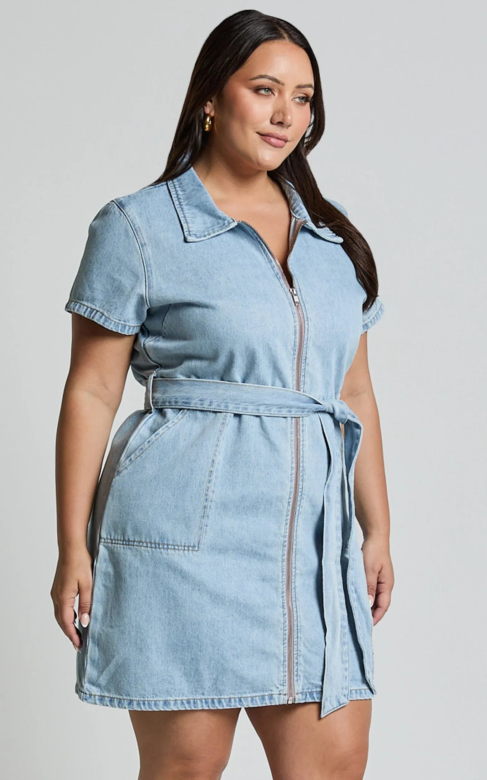 Nandini Mini Dress Zip Through Denim Dress in Light Blue Wash