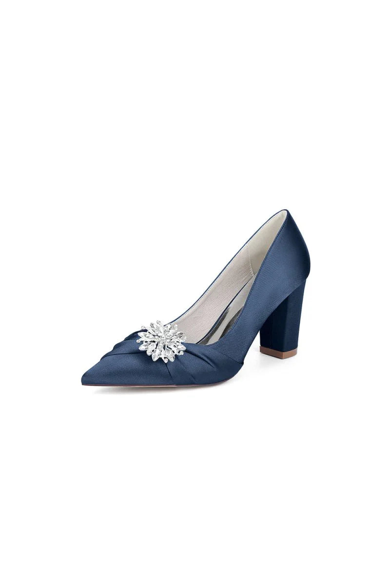 Black Satin High Heels with a Crystal Flower Accent
