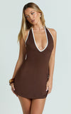 Allura Mini Dress Deep V Halter Neck Tie Back Dress in Chocolate