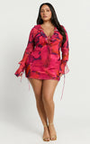 Alesya Mini Dress Ruffle Plunge Neck Long Sleeve Tie Detail Dress in Adeana Print