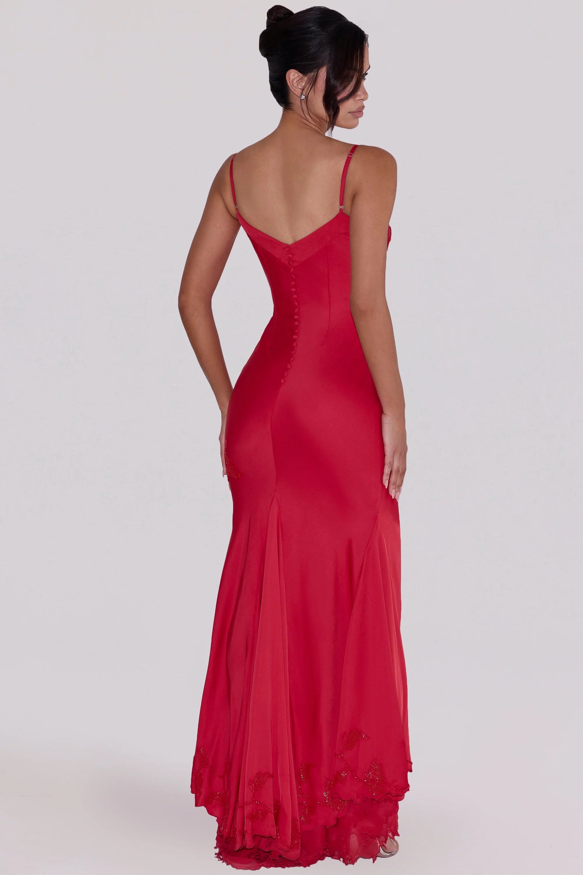 red hand beaded embellished satin maxi dress limited edition