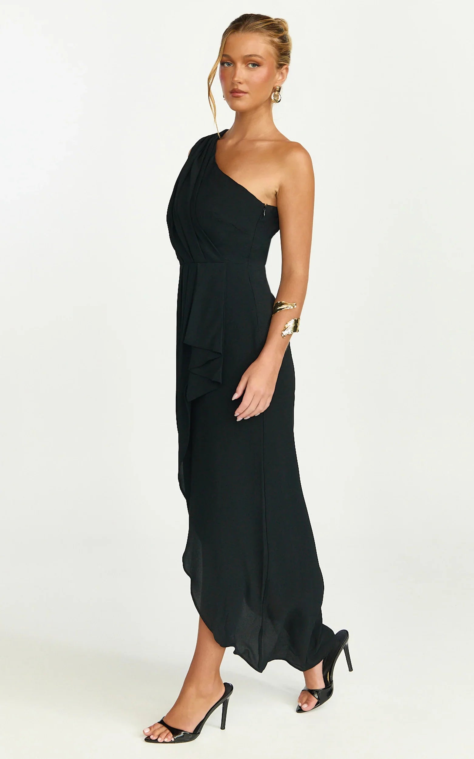 Namaari Midi Dress Faux Wrap One Shoulder Dress in Black