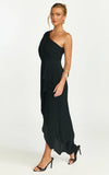 Namaari Midi Dress Faux Wrap One Shoulder Dress in Black