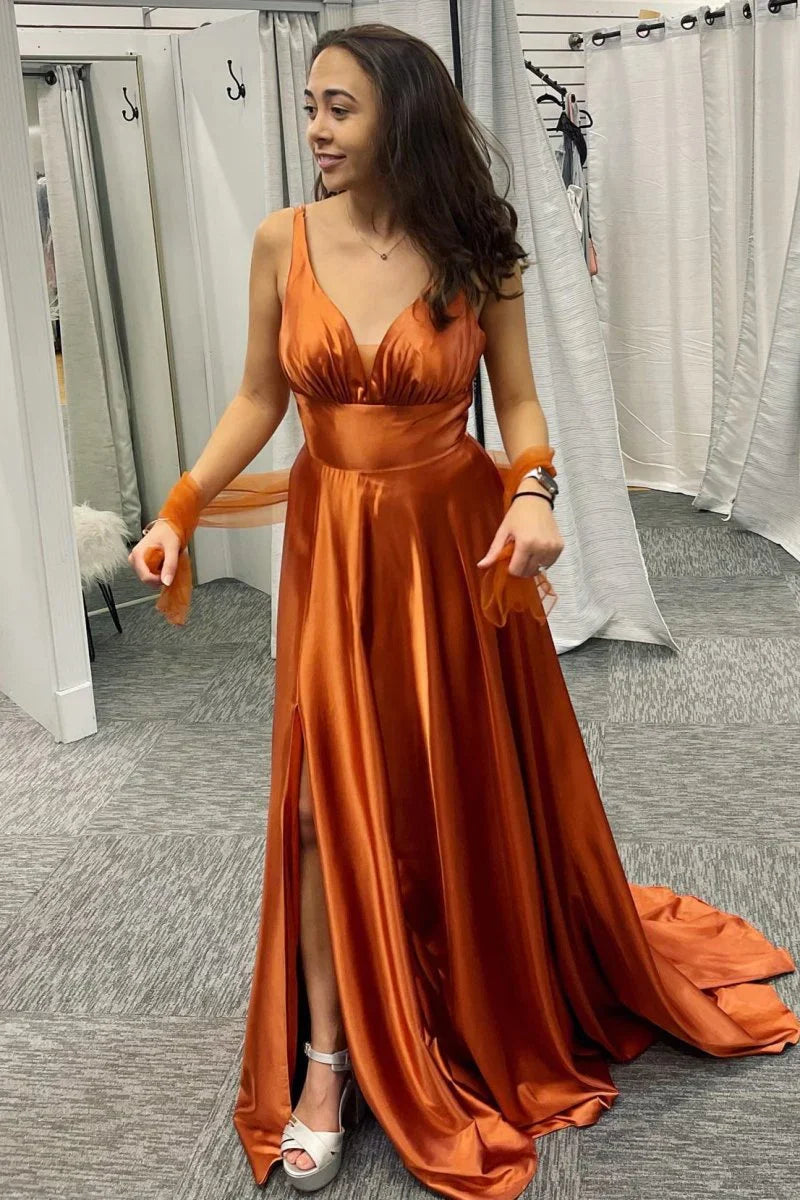 Rust Orange Deep V Neck Pleated Satin Straps Long Bridesmaid Dress with Slit