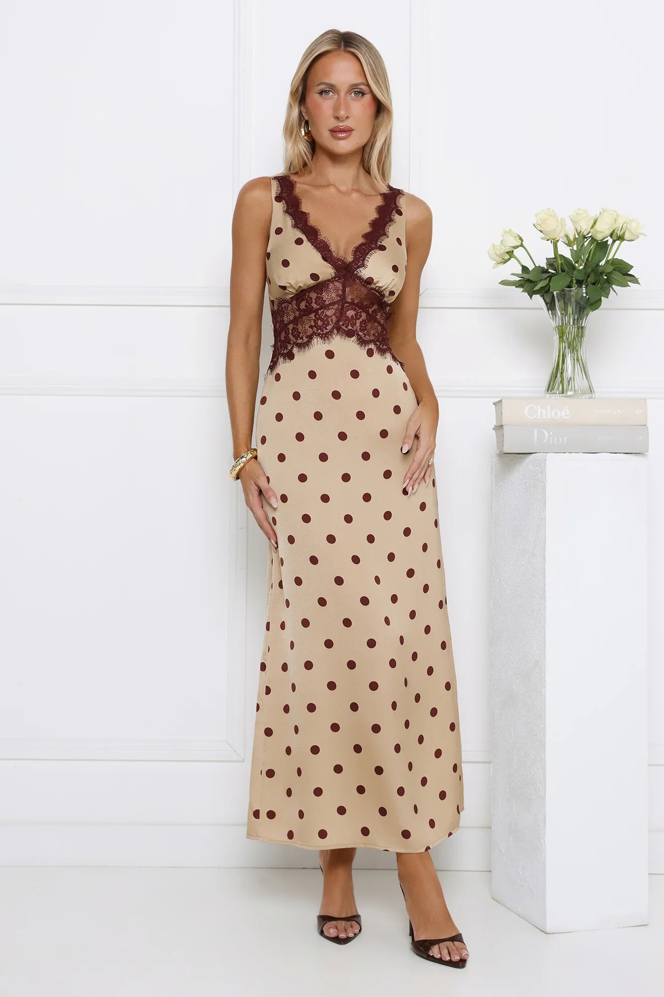 Trending Polka Dots Satin Maxi Dress Yellow