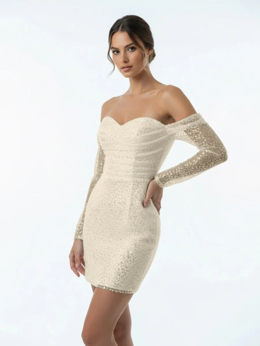 Chic Short Sequined Backless Wedding Dress With Long Detachable Sleeves