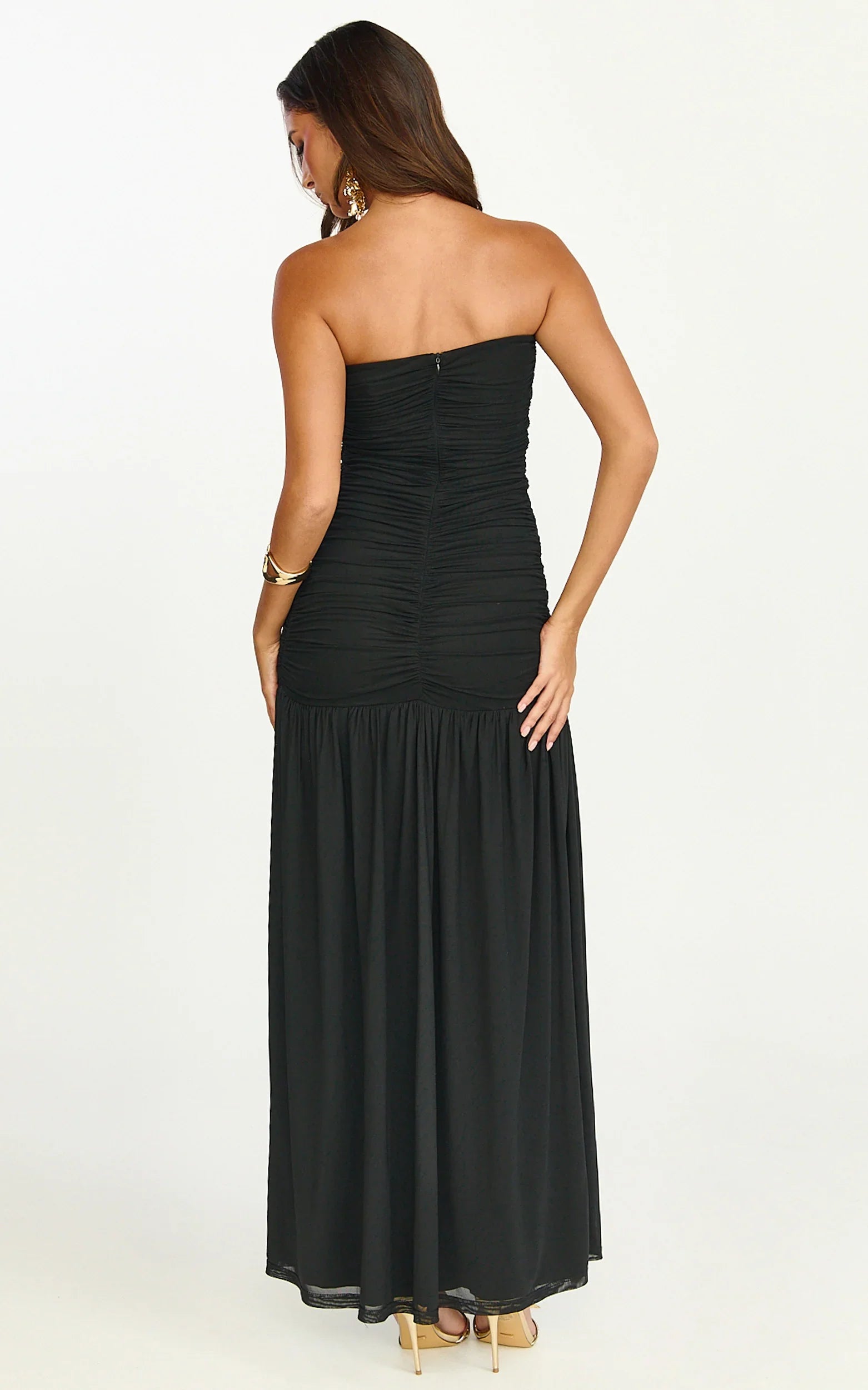 Marguerite Maxi Dress Strapless Ruched Mesh High Leg Split Dress in Black