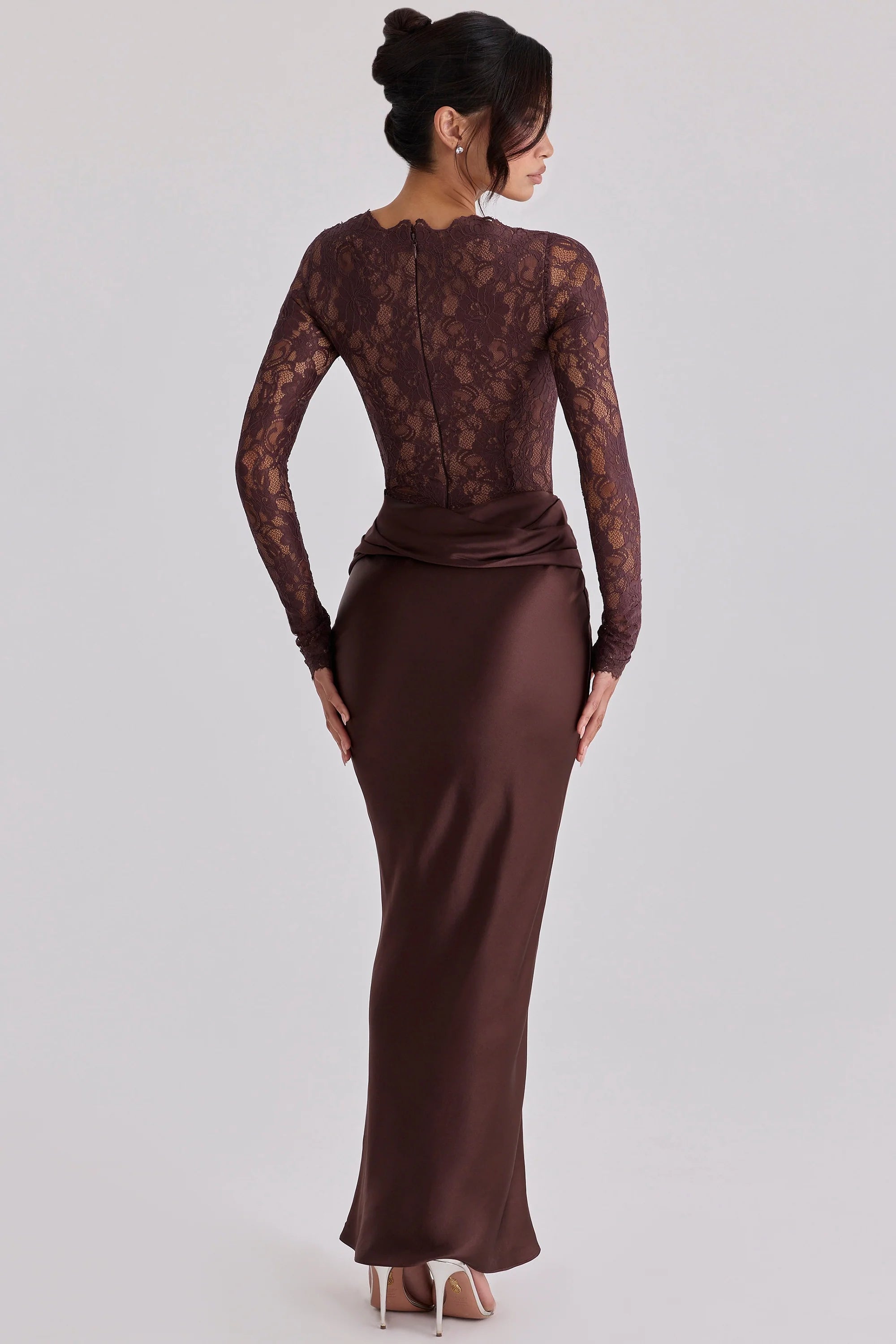 espresso brown lace satin draped maxi dress