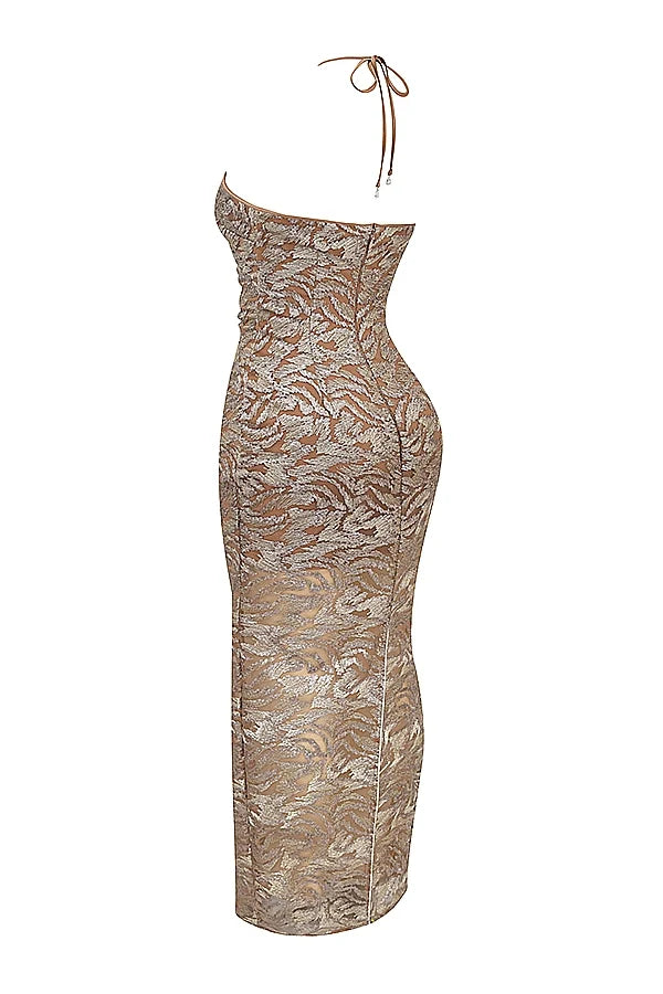 rose gold embroidered sequinned gown
