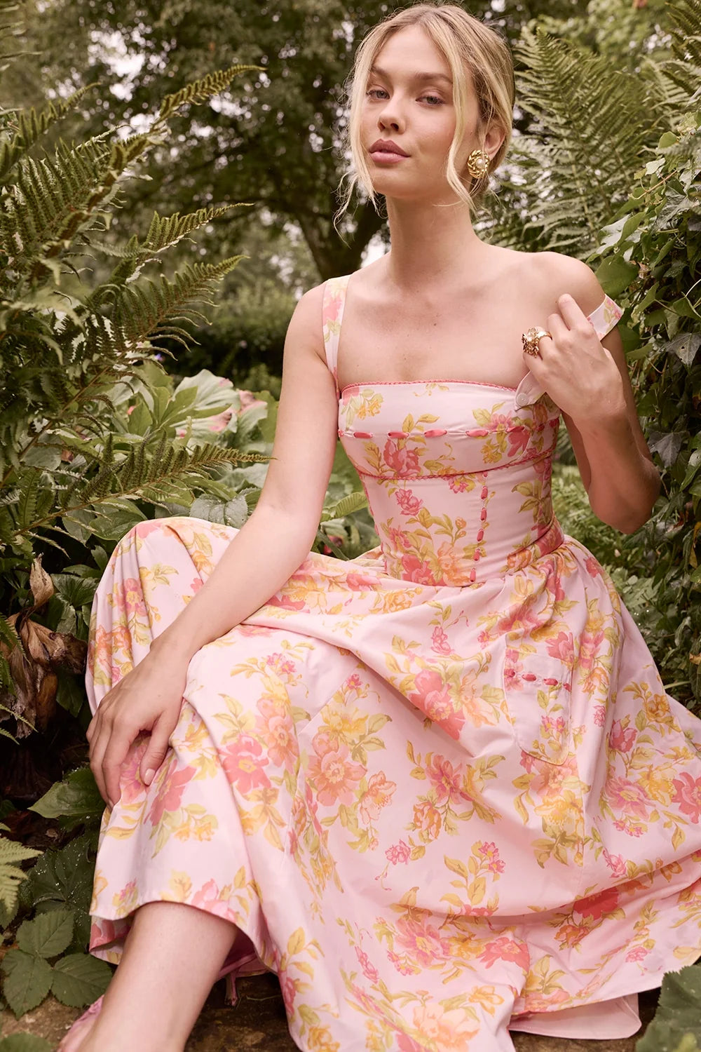 peach poppy print cotton midi sundress