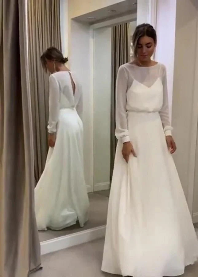Bohemian Long Sleeves A Line Open Back Modest Chiffon Wedding Dress