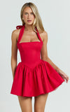 Helda Mini Dress Halter Tie Neck Corset Panel Dress in Red