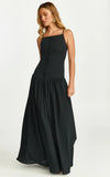Cortez Maxi Dress Square Neck Button Down Dropped Waist Dress in Black