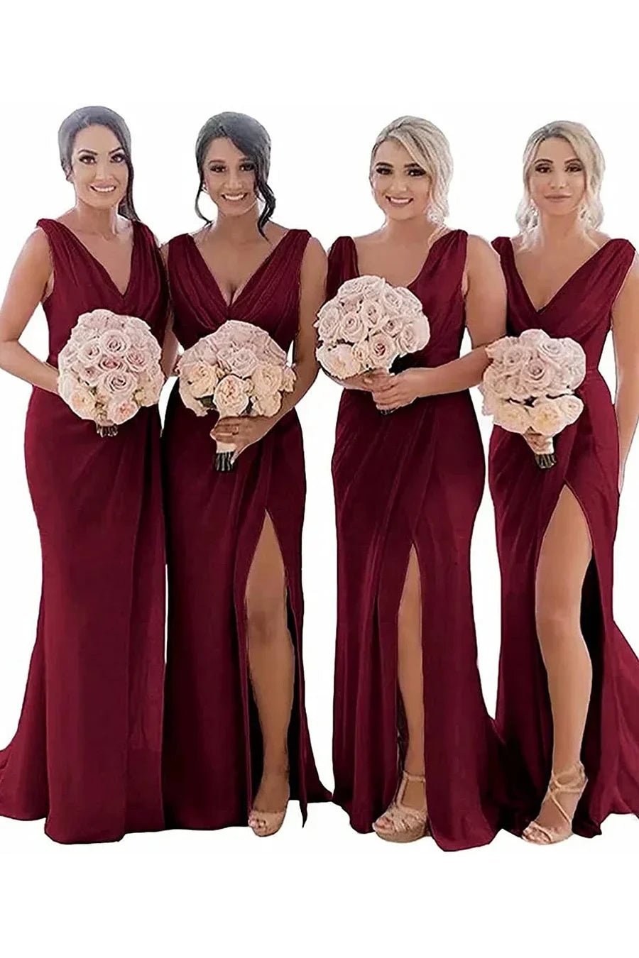 Ivory Sheath Chiffon Ruched Long Bridesmaid Dress with Slit