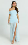 Leticia Maxi Dress Mesh Off Shoulder Ruched High Split Dress in Blue