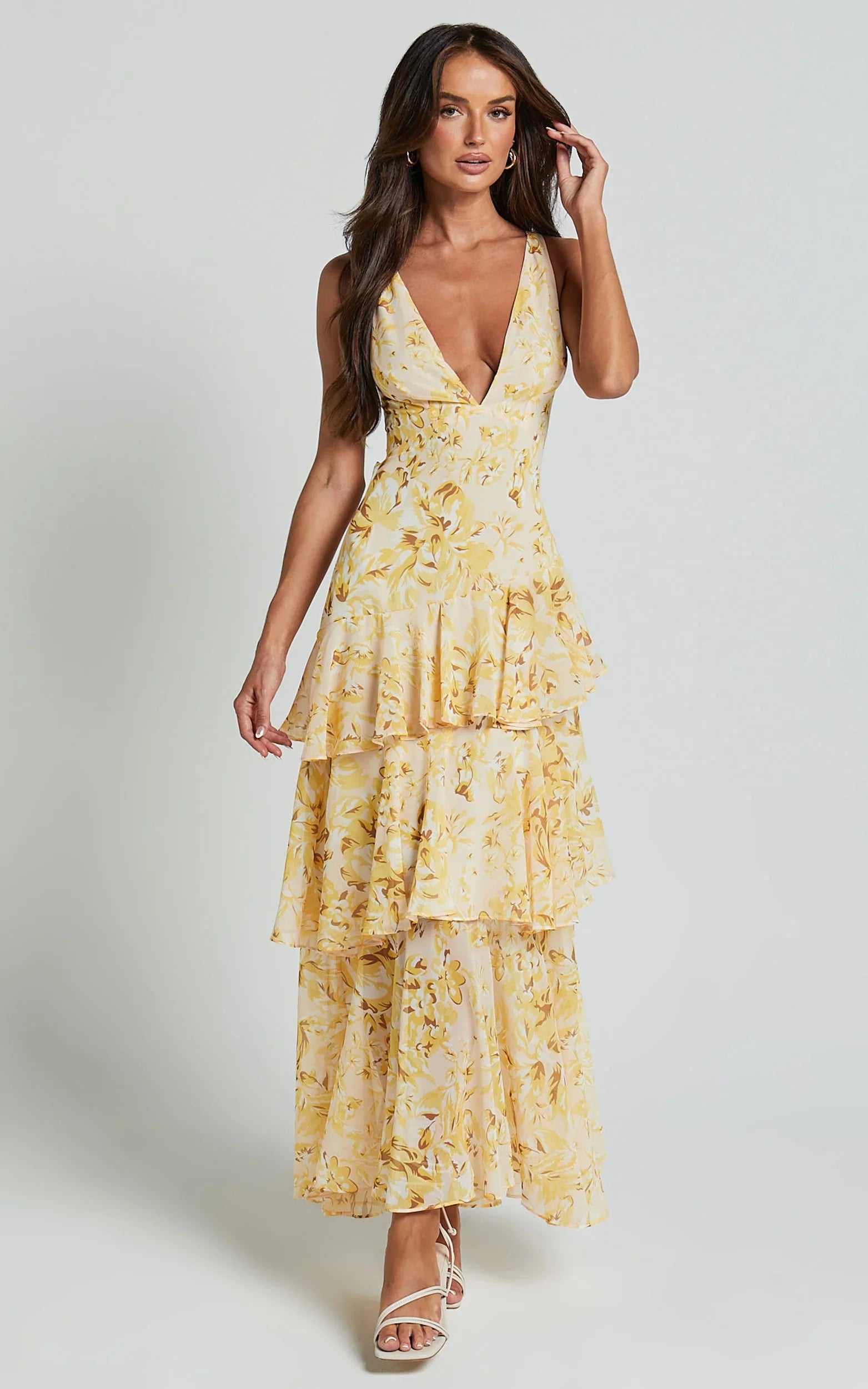 Beryl Midi Dress Deep V Neck Sleeveless Layered Dress in Yellow Floral