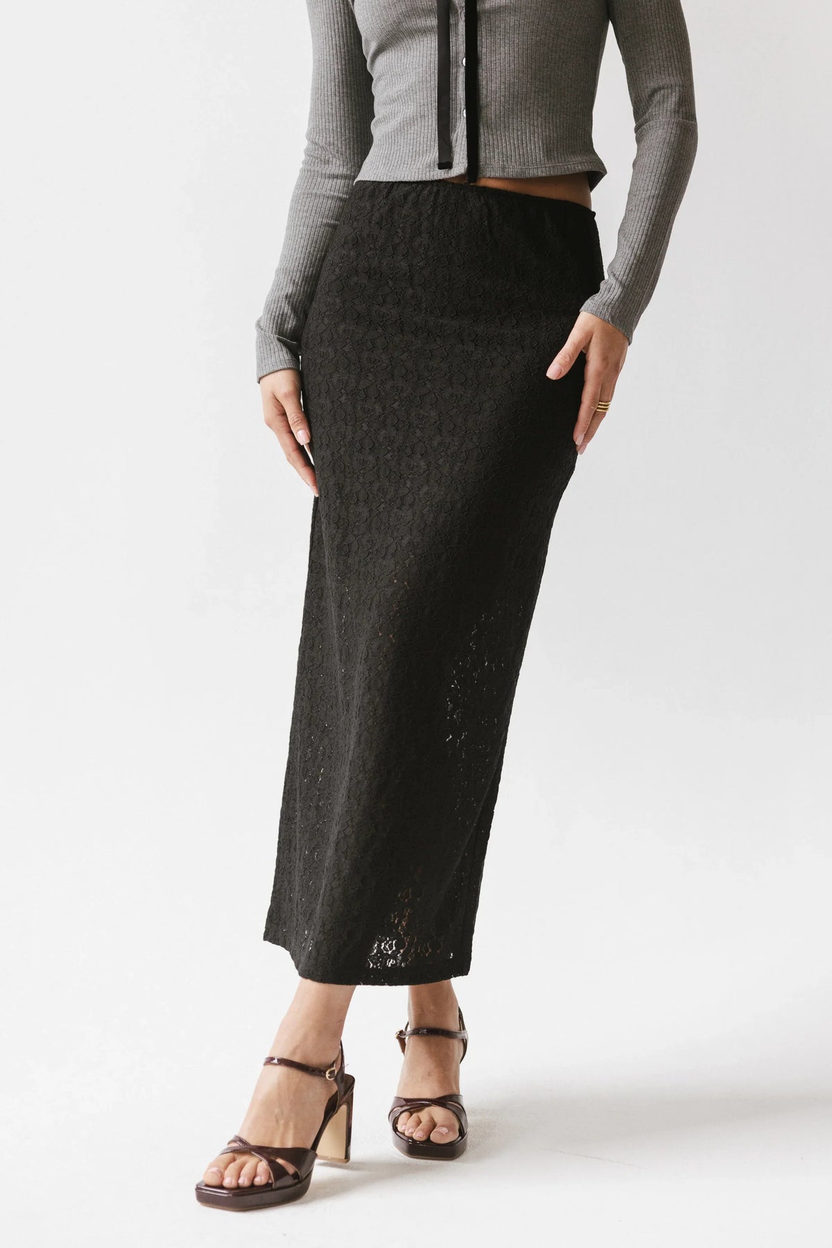 Jozette Lace Midi Skirt in Black