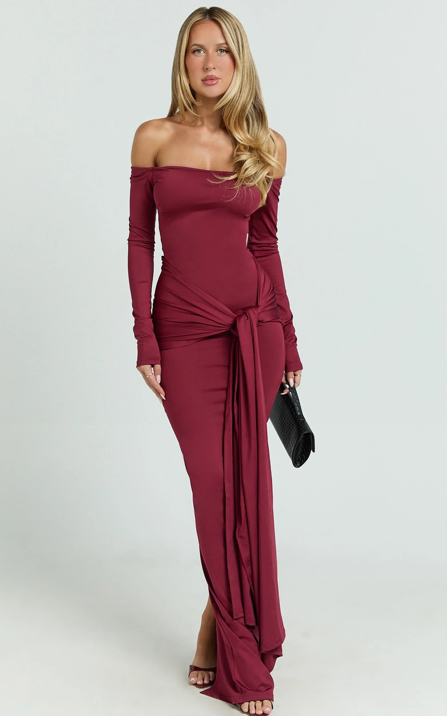 Judith Maxi Dress Boat Neck Backless Tie Front Long Sleeve Jersey Dress in Wine