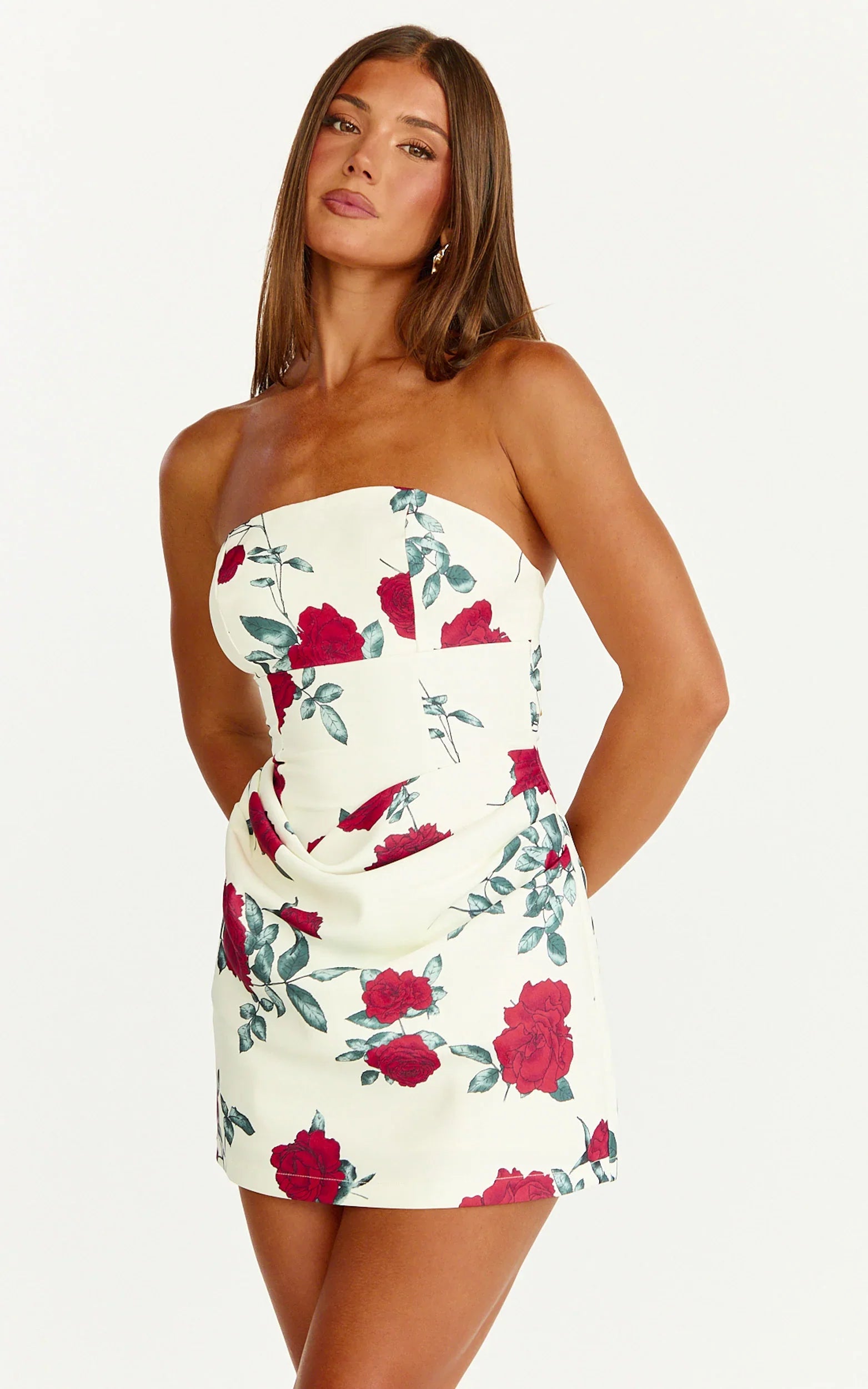 Dahlia Mini Dress Strapless Draped Cowl Waist Bodycon Dress in Scarlet Rose Print
