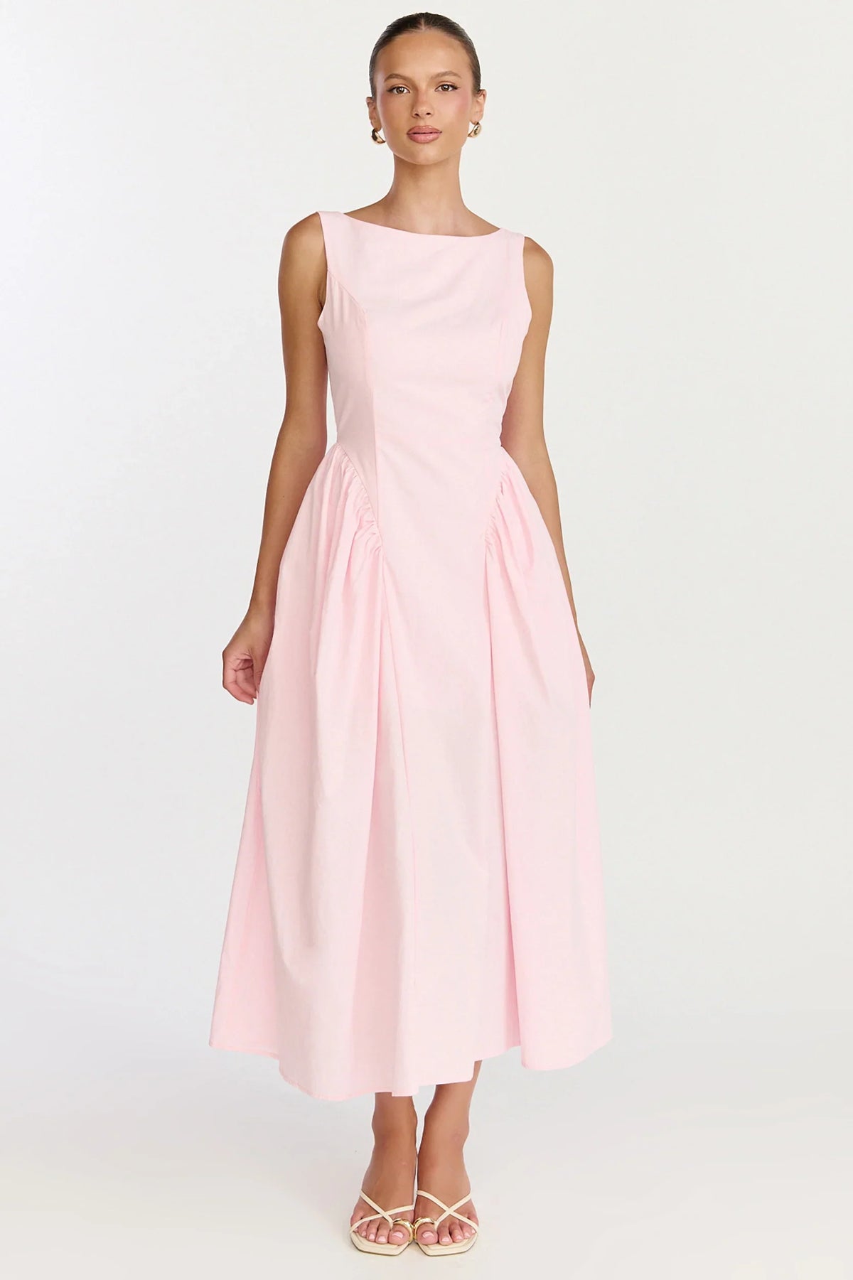 Casina Midi Dress Boat Neck Tie Back Fit And Flare Dress in Pale Pink
