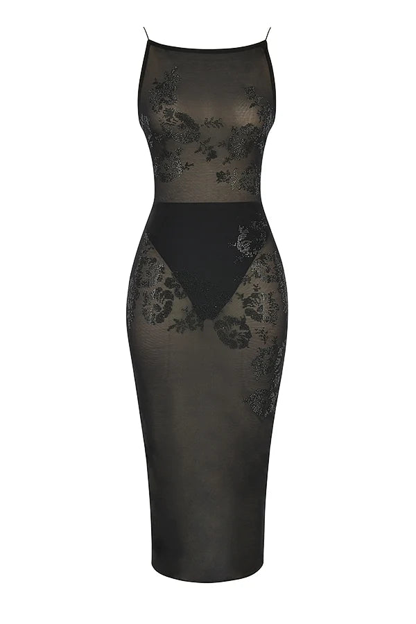 black mesh crystal embellished midi dress