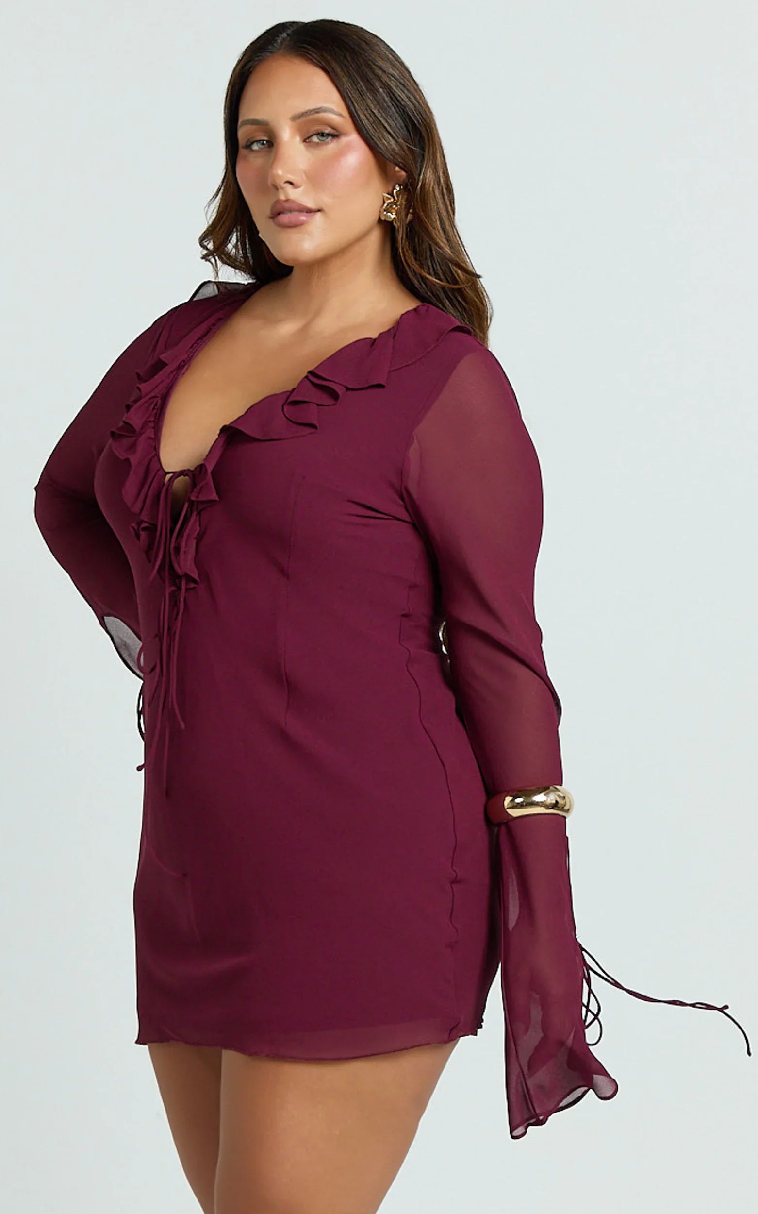 Alesya Mini Dress Ruffle Plunge Neck Long Sleeve Tie Detail Dress in Wine