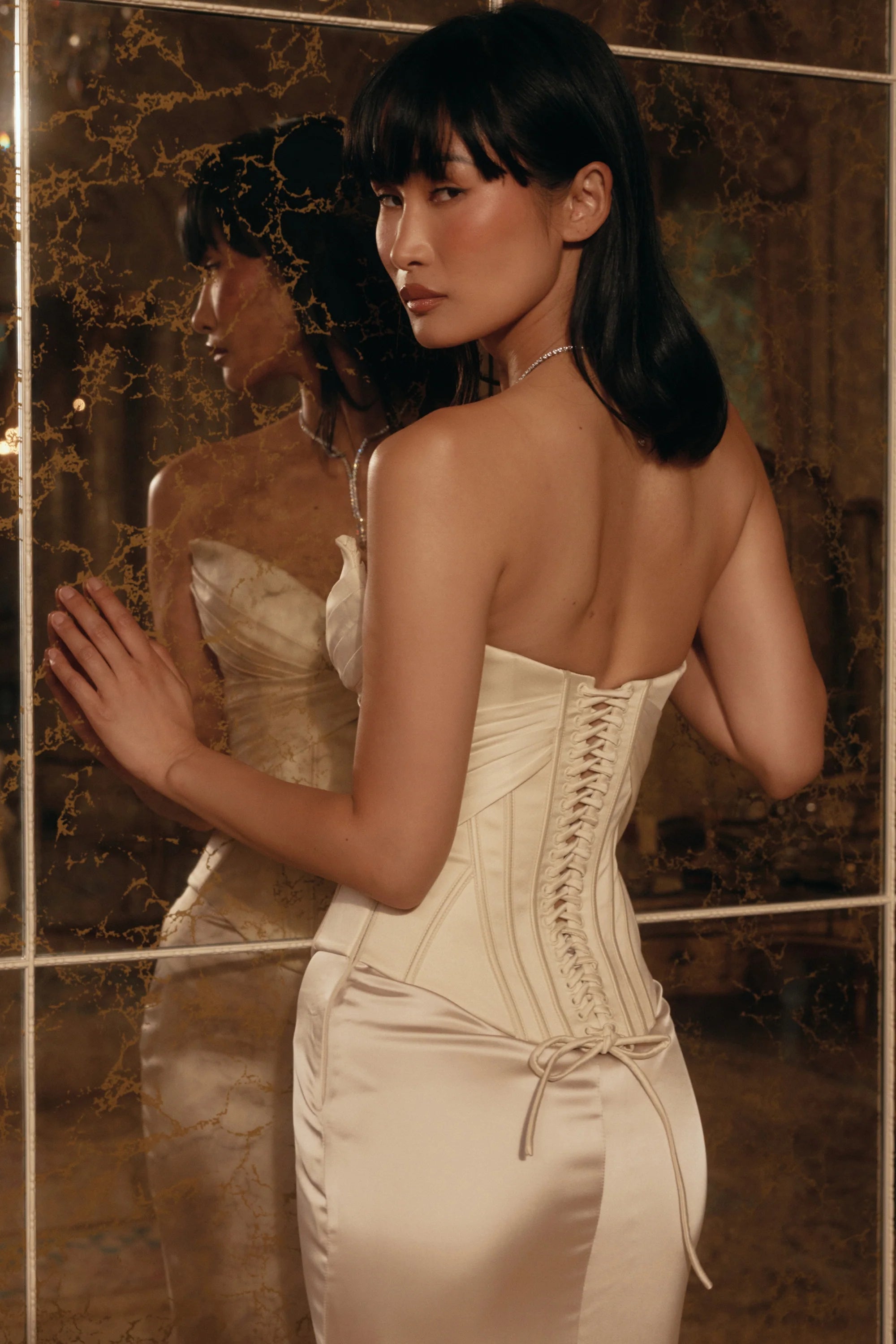 ivory satin corset maxi gown limited edition