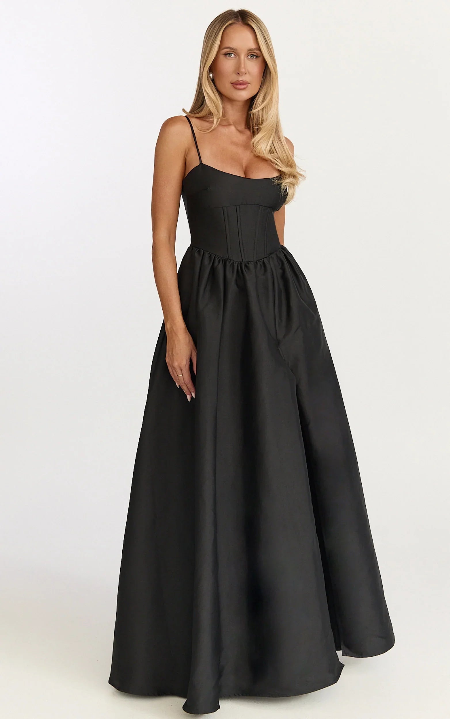 Louisa Maxi Dress Boned Bodice Lace Up Back Dress in Black