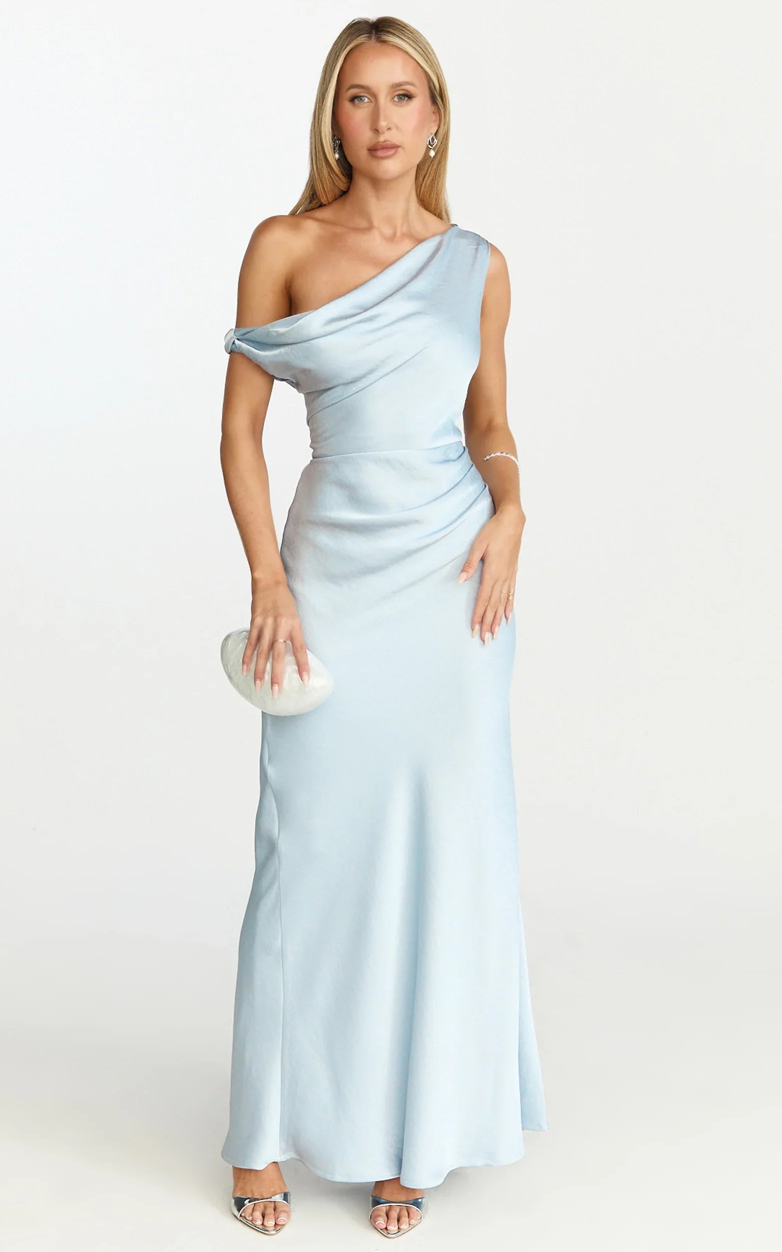 Lira Midi Dress One Shoulder Satin Dress in Pale Blue