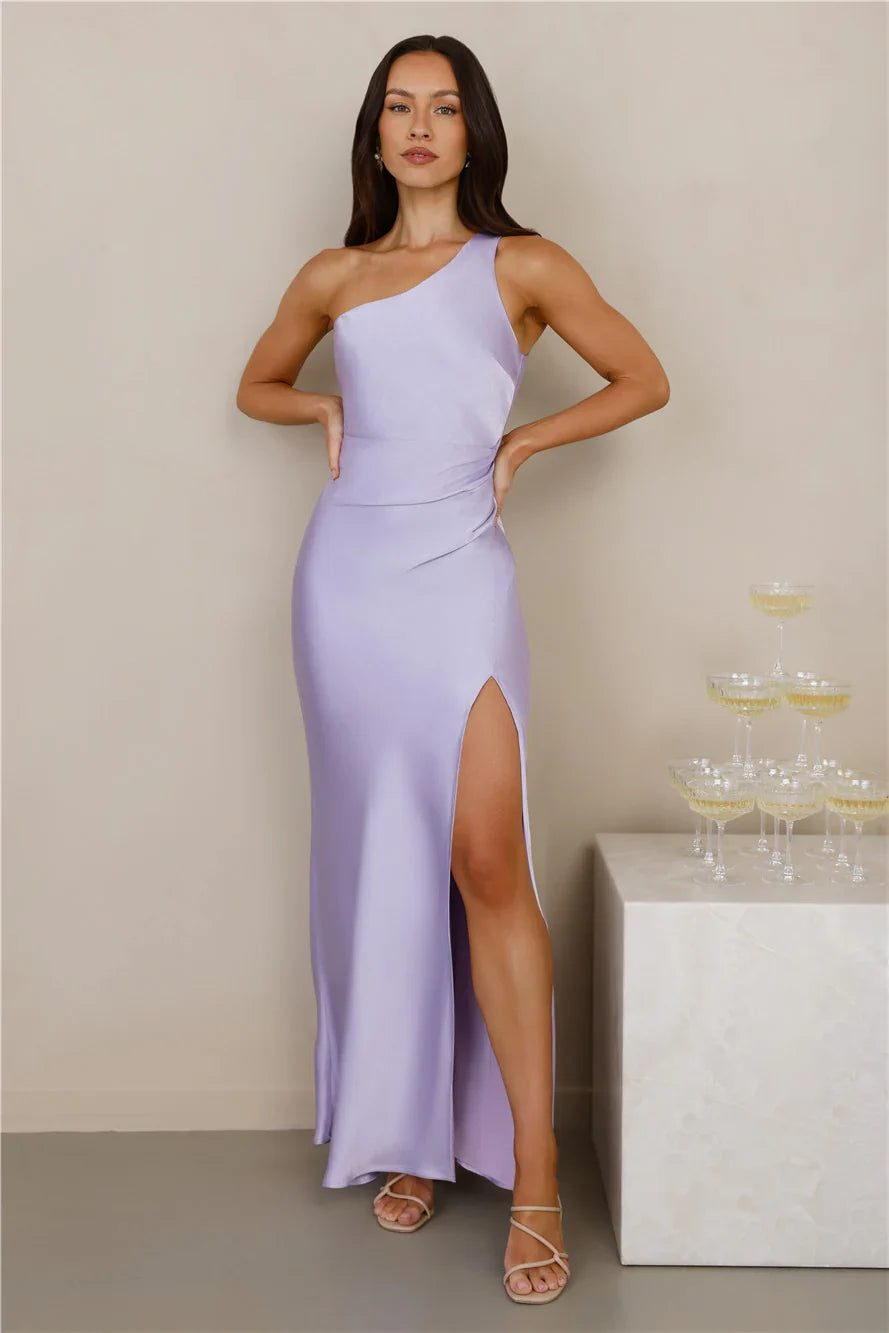 The Aurora One Shoulder Satin Maxi Dress Lilac