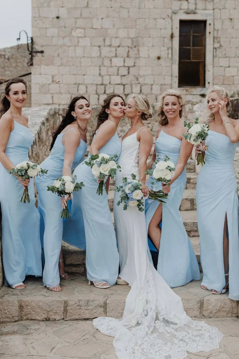 Sheath One Shoulder Light Blue Chiffon Slit Bridesmaid Dress