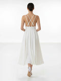 A Line V Neck Sleeveless Satin Knee Length Wedding Dress