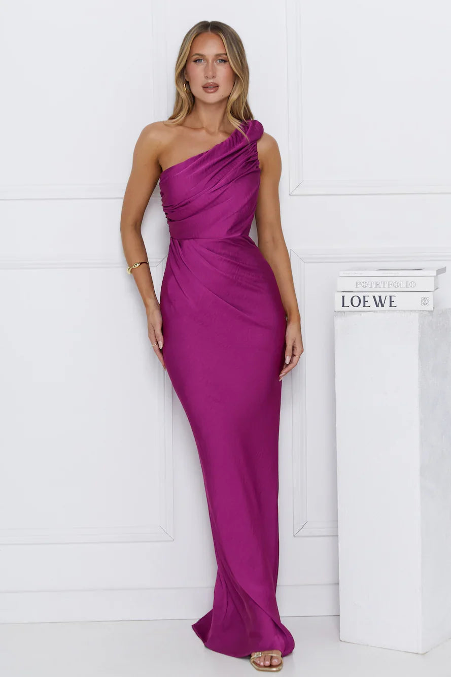 Chase Your Power One Shoulder Satin Maxi Dress Berry