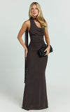 Larson Maxi Dress Asymmetric Tie Neck Column Dress in Chocolate