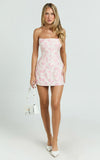 Reece Mini Dress Strapless Fitted Bodice Tulip Skirt Brocade Dress in Pink