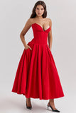 scarlet strapless midi dress