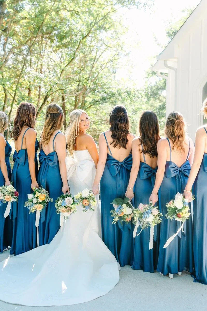 Simple Mermaid Spaghetti Straps Blue Long Bridesmaid Dresses with Bow Back