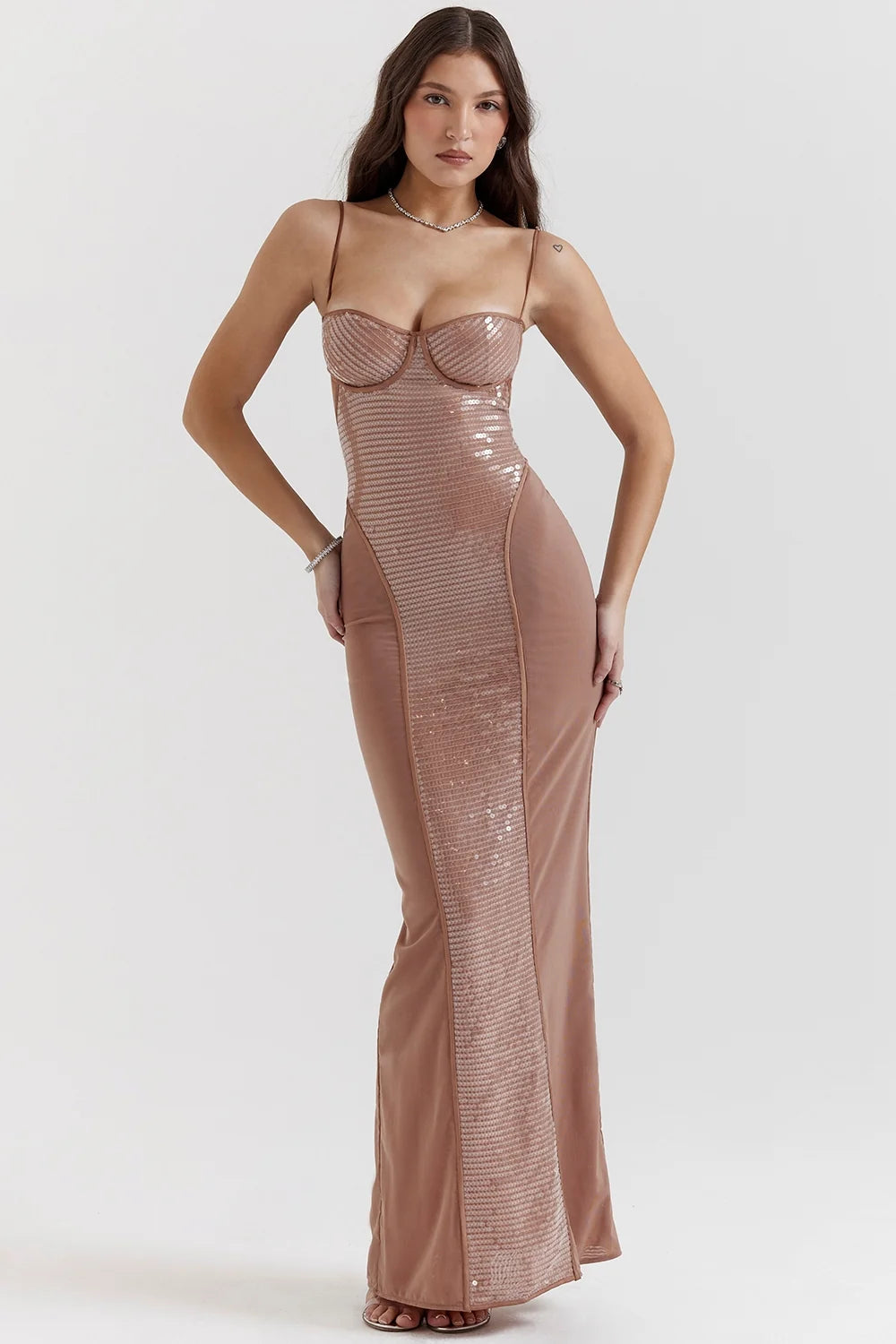 cafe au lait sequin maxi dress