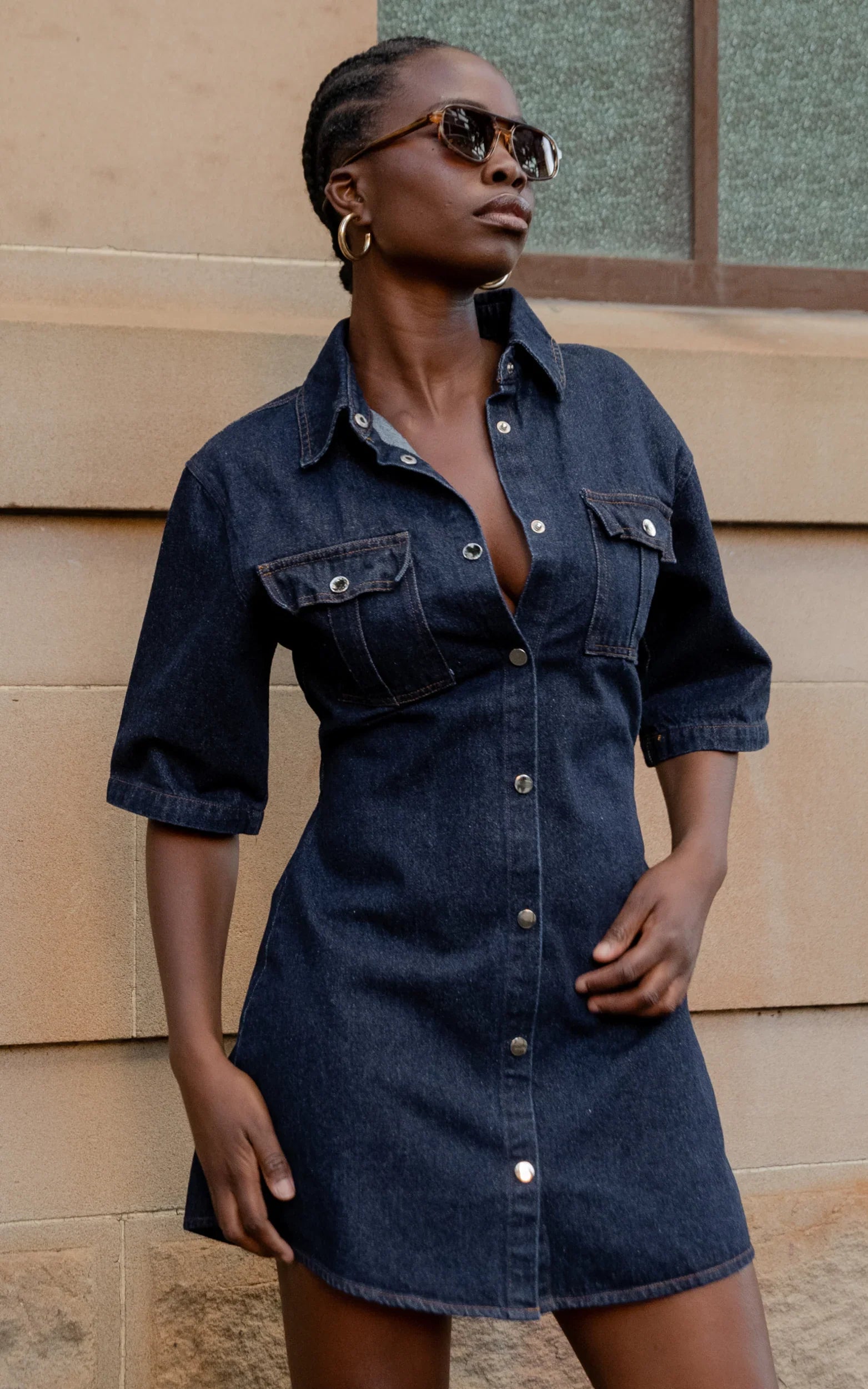 Leilani Mini Dress Denim Short Sleeve Button Up Dress with Gold Hardware in Indigo Denim